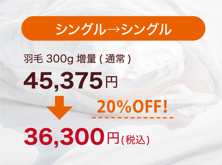 シングル→シングル　羽毛300g増量が20%OFF！45,375円が36,300円に。
