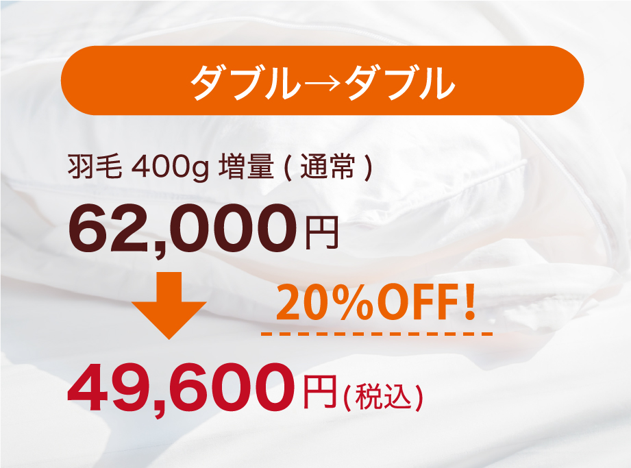 ダブル→ダブル　羽毛400g増量が20%OFF！62,000円が49,600円に。