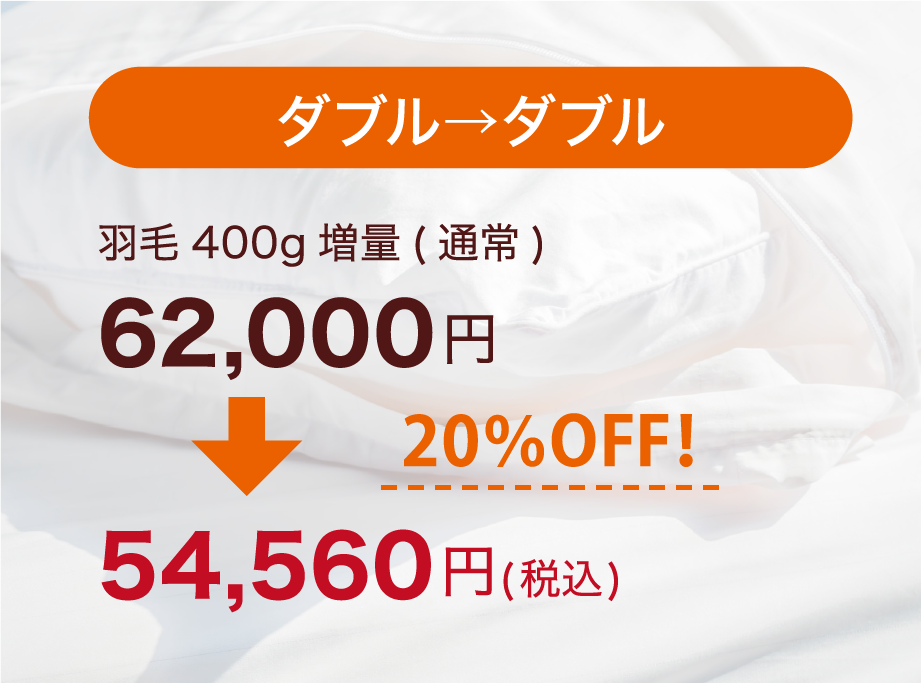 ダブル→ダブル　羽毛400g増量が20%OFF！62,000円が54,560円に。
